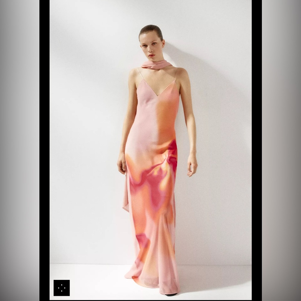 Zara Pink and Coral Marble-Print Maxi Slip Dress